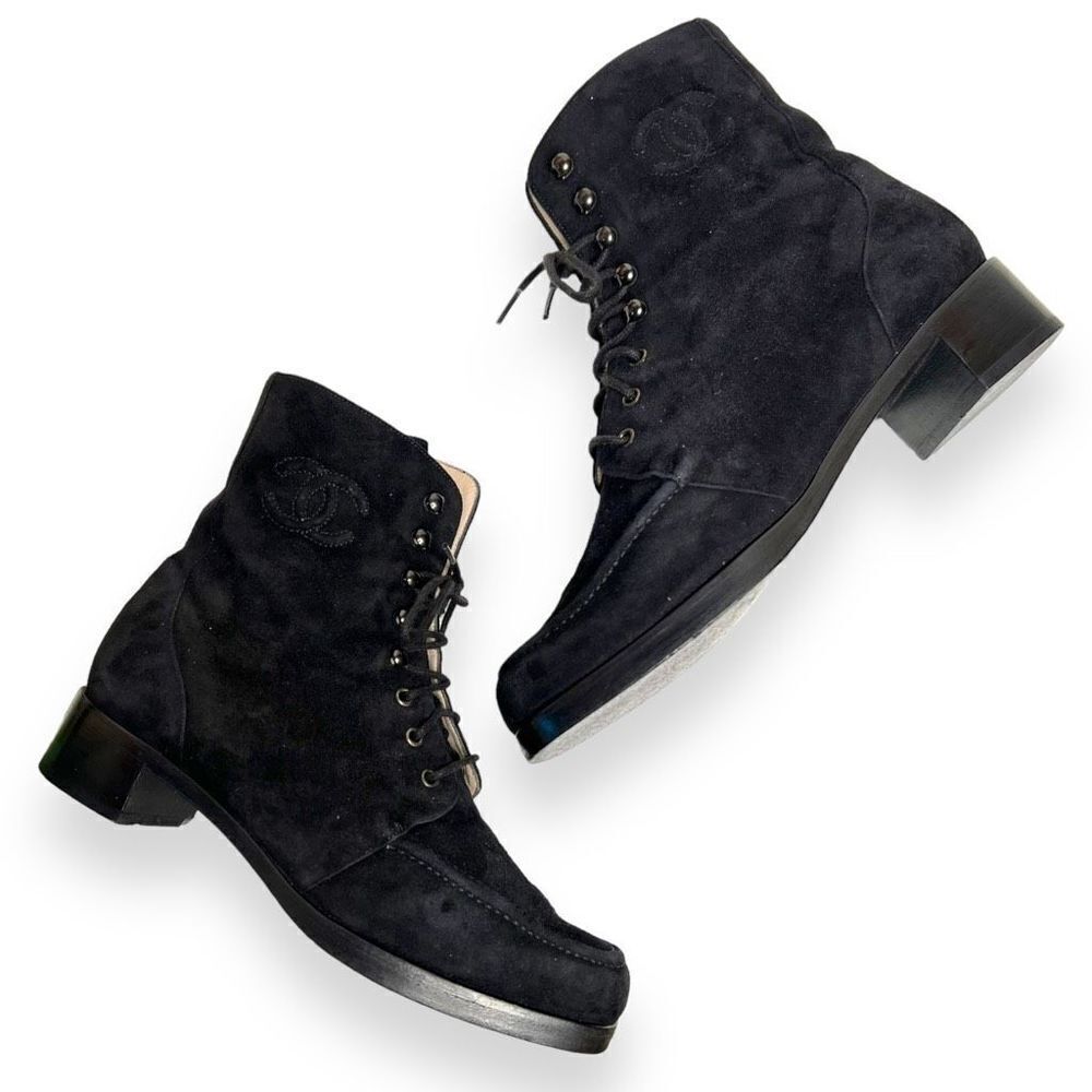 Chanel Classic CC Logo Lace Up Combat Black Suede Leather Boots Size 37